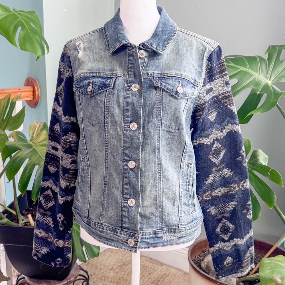 Denim Patchwork Jacket With Patterned Sleeves - image 8